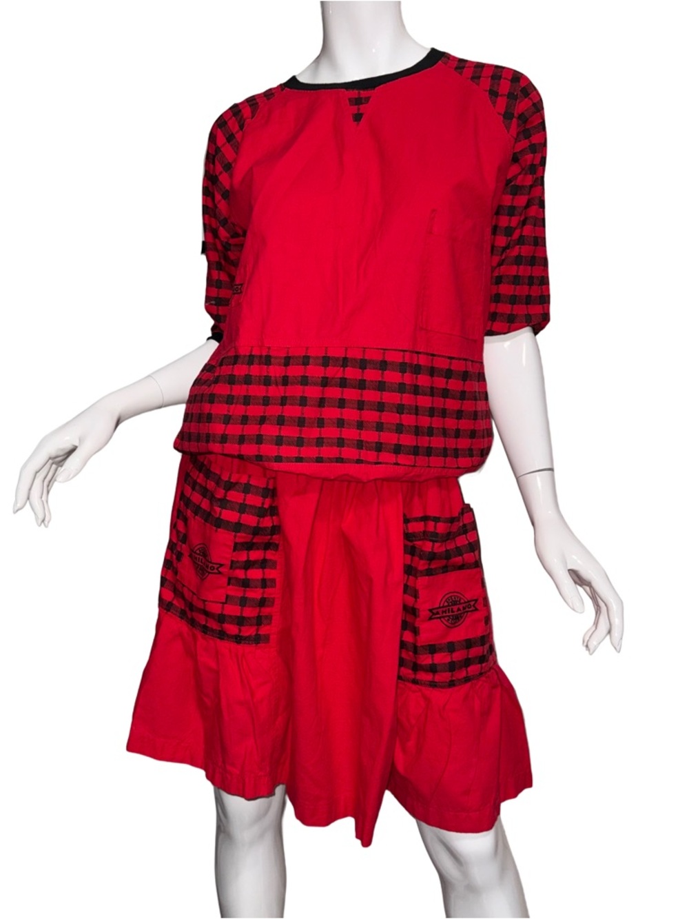 Vintage A'Milano Red Check Graphic Two Piece Matching Skirt Set Indie Americana